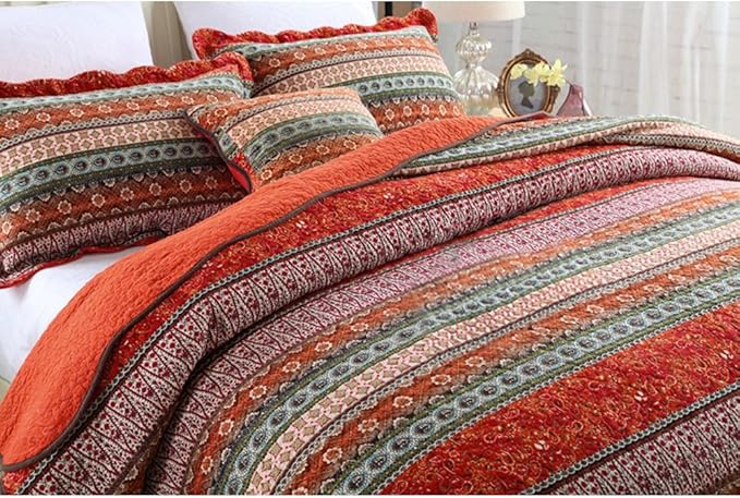 NEWLAKE Striped Classical Cotton 3-Piece Patchwork Bedspread Quilt Sets, King Size