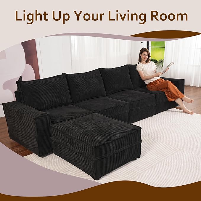 HOOOWOOO Modular Sectional Sofa Couch,Matching Free Combination Cloud Couch Left Arm Chair(Black Corduroy)