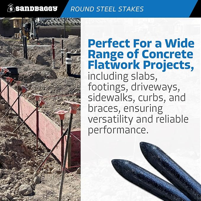 Sandbaggy Round Steel Concrete Form Stakes with Nail Holes - Rust Resistant Coating - Removable, Reusable (20, 3/4 in X 36 in)