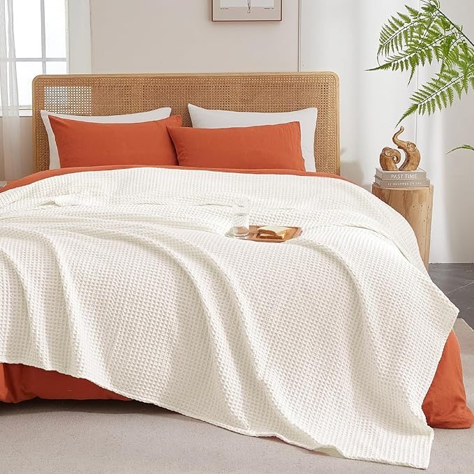PHF Ultra Soft Waffle Weave Blanket Twin Size 66"x 90"- Washed Lightweight Breathable Cozy Woven Blanket for Bed - Aesthetic Decor for Couch Bedding Sofa Home Car - Coconut White
