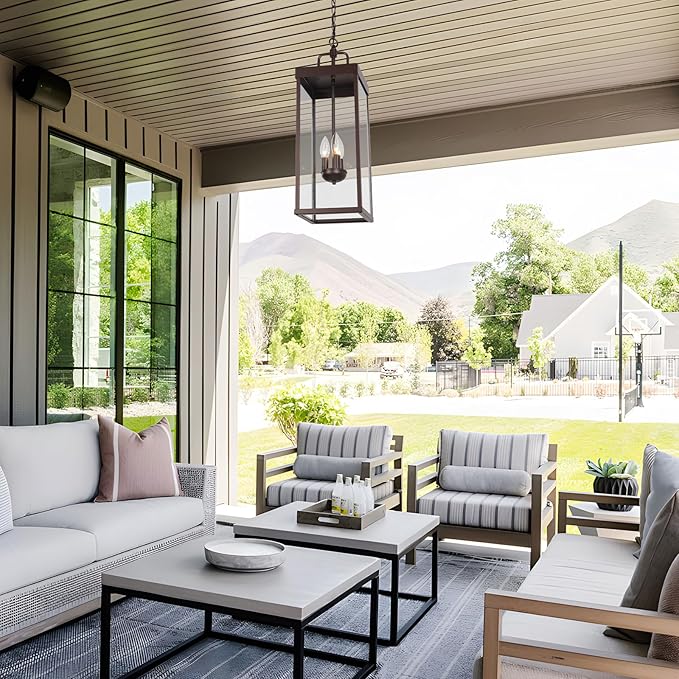 Large Outdoor Pendant Lantern Light Fixture for Front Porch, 24 Inch 3-Light Bronze Exterior Hanging Chandelier with Clear Glass, Outdoor Indoor Pendant Lamp for Patio, Gazebo, RZ008L-H ORB