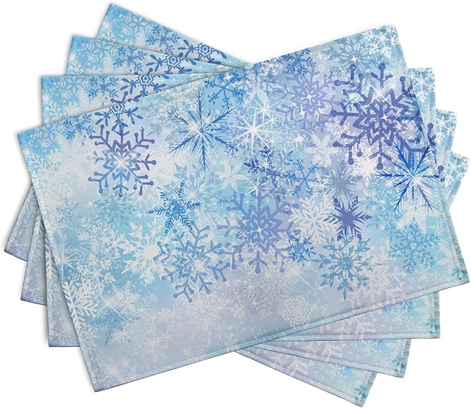Blue Snowflake Winter Placemats Set of 4 Xmas Snow Place Mat Merry Christmas Linen Fabric Table Mats Washable Heat Resistant Placemat for Farmhouse Kitchen Dining Party Decoration