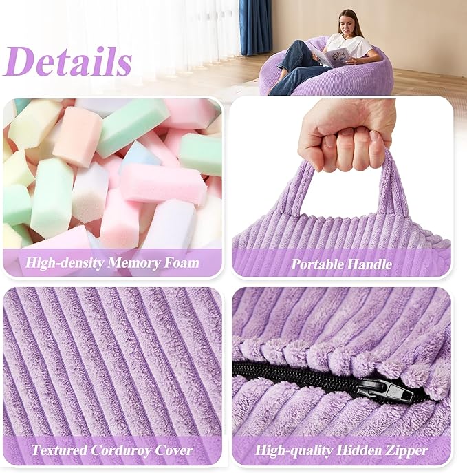 3.5FT Bean Bag Chairs Teardrop Bean Bag Chair for Adults Beanbag Chair with Memory Foam Filled Machine Washable Cover for Living Room, Bedroom (Large,Purple)