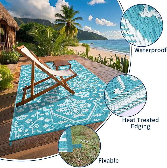 Waterproof Outdoor Rug 9x18 Reversible Plastic Straw Patio Rug, Stain-Resistant Vintage Medallion Carpet, Large Indoor Outdoor RV Mat for Deck, Camping, Balcony, Light Blue/White