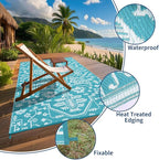 Waterproof Outdoor Rug 9x18 Reversible Plastic Straw Patio Rug, Stain-Resistant Vintage Medallion Carpet, Large Indoor Outdoor RV Mat for Deck, Camping, Balcony, Light Blue/White