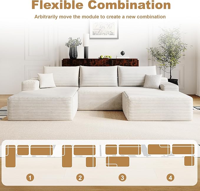 108" Sectional Couches for Living Room Modern Modular Sofa with L-Shape Couchs Upholstered Boneless Couch Deep Seat Sectional Couch with Chaise (White, Left Facing Chaise+2Seaters+1Ottoman)