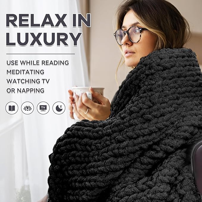 Chunky Knit Blanket - Luxury Soft Cozy 60 * 80 Throw Blanket,100% Woven Blanket Rope Knot Throw Blanket for Couch, Sofa, Home Decor, Gift - Machine Washable(Black)