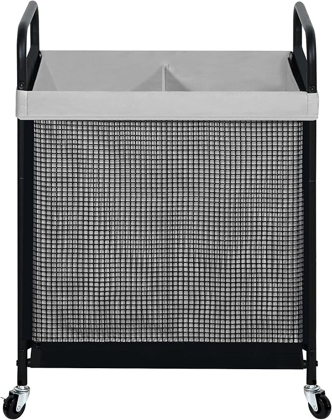 STO STO Laundry Hamper 2 Section, 100L Rolling Laundry Sorter Cart with Removable and Washable Liner Bag, Rolling Clothes Hamper with Metal Handle for Laundry Room and Bedroom, Gray