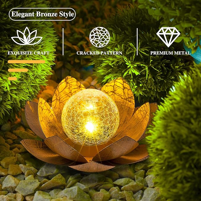 Solar Light Outdoor(2Pack), Art Crackle Globe Glass Lotus Decoration, Solar LED Waterproof Metal Flower Lights for Patio,Lawn,Walkway,Tabletop