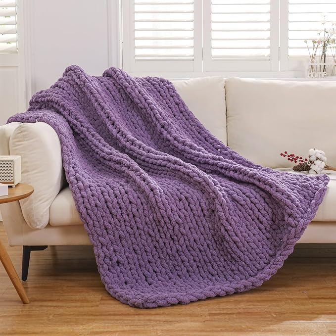 WESHIONGOO Chunky Knit Blanket Throw Knitted Throw Blankets for Couch Bed Fluffy Soft Blanket with Jumbo Chenille Yarn Thick 100% Handmade (Purple, 50"×60")
