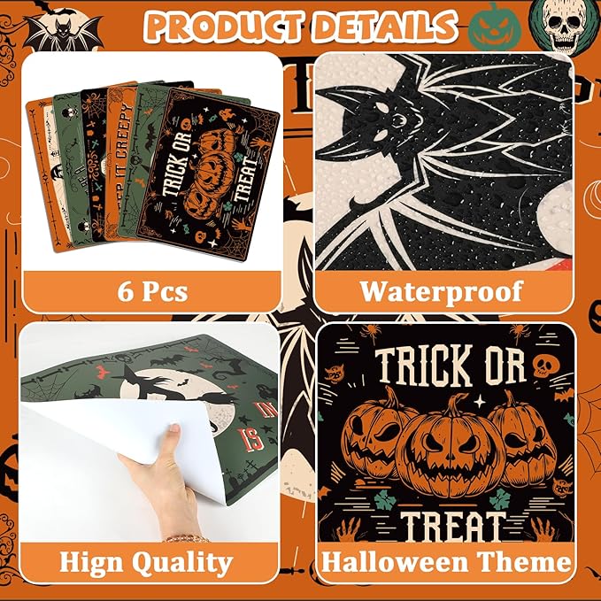 Halloween Placemats Set of 6 Gothic Bat Plastic Table Mats Pumpkin Witch Skull Ghost Halloween Place Mats Washable Vinyl Rustic Table Decoration for Indoor Outdoor Party Kitchen Dining