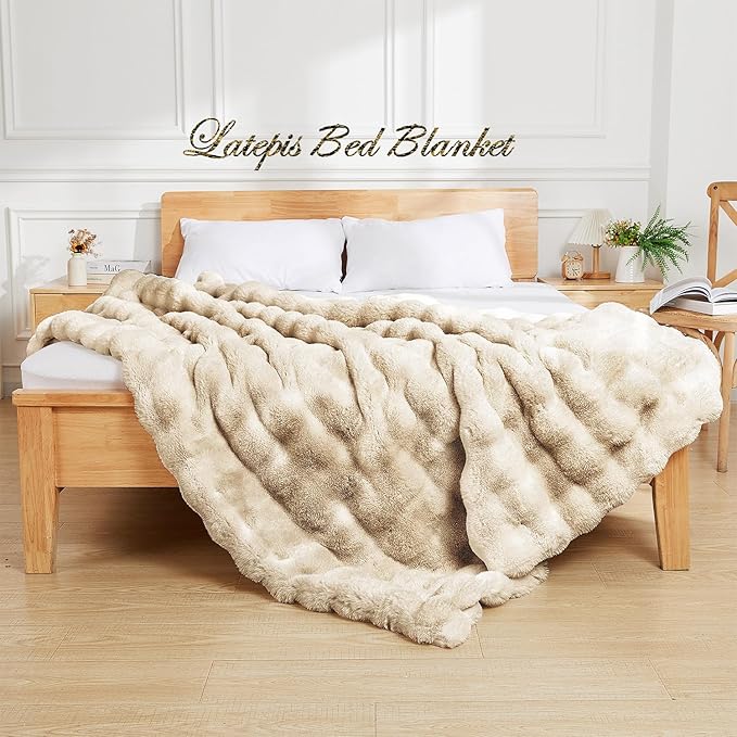 Latepis Soft Luxury Faux Fur Bubble Blanket, Thick Warm Cozy Throw Blanket for Couch, Plush Fluffy Blanket for Sofa and Bedroom Women Gift, 50” x 60”, Tie-dye Camel, 860GSM