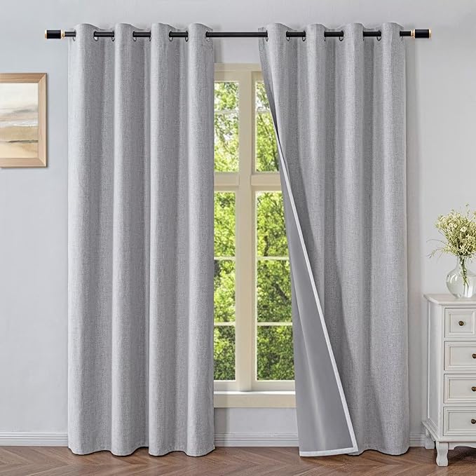 Blackout Curtains 108 Inches Long 2 Panels Set, 100% Black Out Textured Thermal Curtains, Grommet Light Blocking Drapes for Living Room Bedroom Luxury Decor(52W × 108L inch, Greyish White)