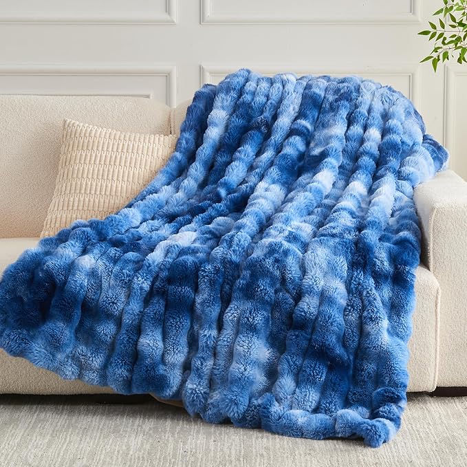 NEWCOSPLAY Faux Fur Throw Blanket Indigo Luxury Fluffy Thick Warm Bubble Blanket for Couch Sofa Bed 700GSM (Indigo, Throw(50"x60"))