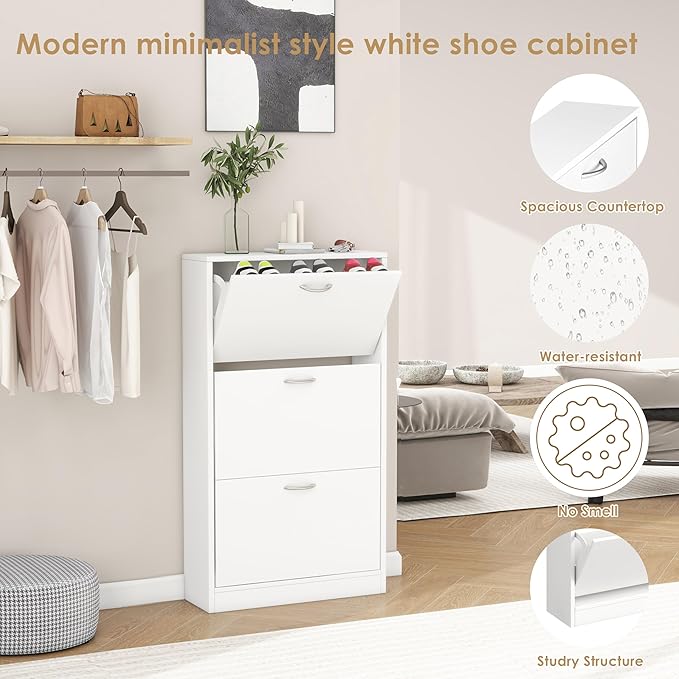 Shoe Storage Cabinet with 3 Flip Drawers, Narrow Shoe Cabinet Freestanding Slim Shoe Storage Organizer for Entryway, Hallway, Entrance, Bedroom, Living Room, White