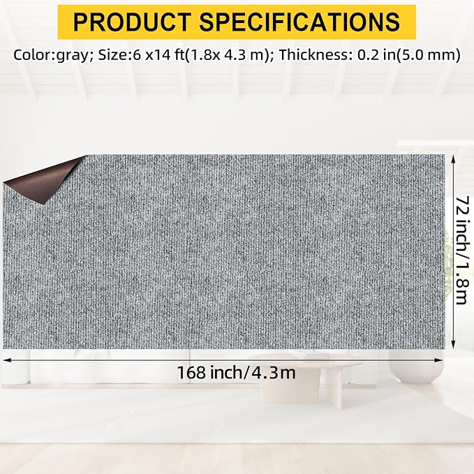 Marine Carpet,6 FT x 14 FT Smoke Gray Indoor Outdoor Carpet 0.2" Thick Boat Carpet with Water-Proof TPE Backing, Non-Slide Outdoor Marine Carpet Roll for Home, Patio, Porch, Deck