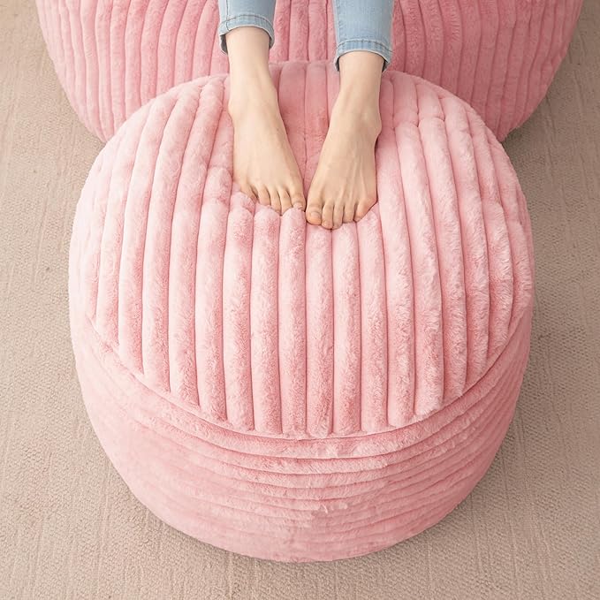 HIGOGOGO Round Stuffed Pouf Ottoman, Stripe Faux Fur Poufs with Foam Chunk Filling, Furry and Fluffy Pouf Foot Stool Storage Ottoman, 26 X 18 Floor Poufs Foot Rest for Living Room, Pink