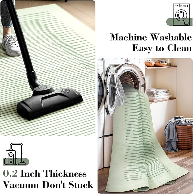 Wonnitar Washable Striped 5x7 Living Room Area Rug, Non-Slip Green Berber Stripe Rugs for Bedroom, Low Pile Soft Minimalist Floor Carpets for Kids Nursery Room Dining Room (Green,5' x 7')