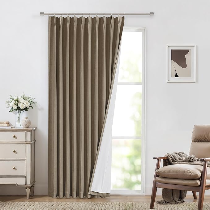 Vision Home Brown Pinch Pleated Full Blackout Curtains Linen Blended 60" Wide Thermal Insulated Window Panels 95 inch for Bedroom Living Room Darkening Pleat Drapes with Hooks Back Tab 60" Wx95 Lx1