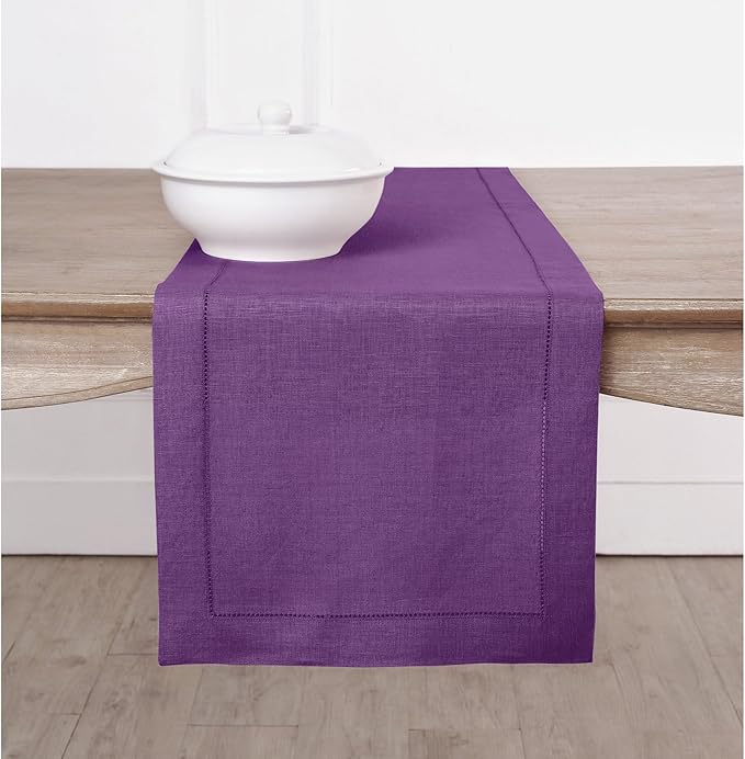Solino Home Linen Table Runner 90 Inches Long - Classic Hemstitch 100% Pure Linen Purple Dining Table Runner 14 x 90 Inch for Fall, Autumn, Halloween, Thanksgiving