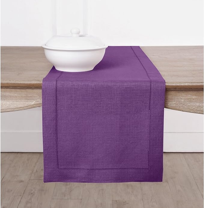 Solino Home Linen Purple Table Runner 36 Inches - Classic Hemstitch, 100% Pure Linen Coffee Table Runner 14 x 36 Inch Ideal for Dresser Tables - Fall, Autumn, Halloween, Thanksgiving