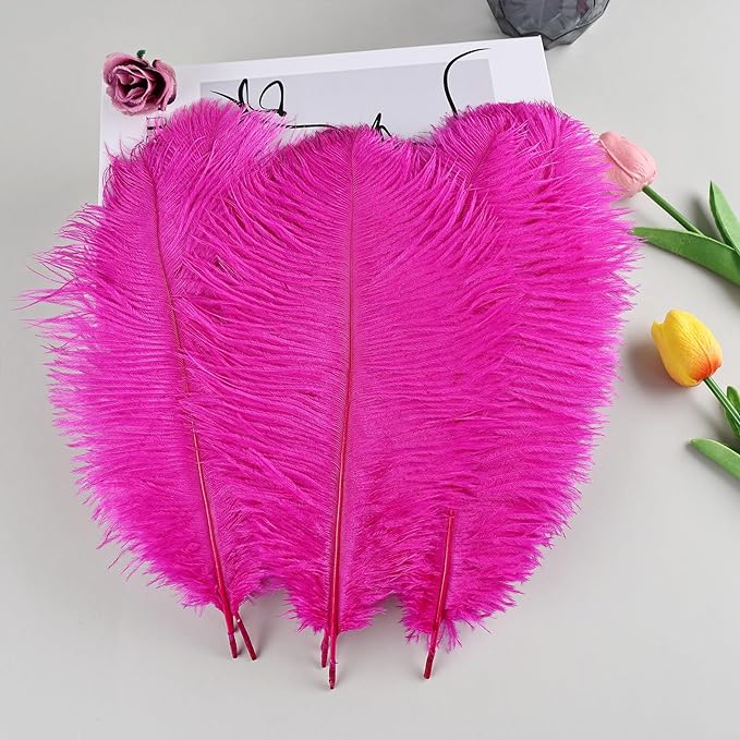 THARAHT Hot Pink Ostrich Feathers 24pcs Natural Bulk 8-10Inch 20cm-25cm for Crafts Wedding Party Centerpieces Easter Gatsbi and Home Decoration Feathers