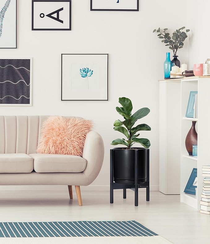 D'vine Dev Ceramic Planter with Ebony Stand - 10 Inch Modern Round Flower Pot with Wood Planter Holder, Black, 55-B-L-2