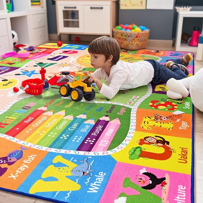 6x9 Playroom Rugs for Kids Washable, Educational and Fun Playmat with ABC Alphabet Animals Shapes Colors, Non-Slip Play Mat Learning Rugs for Baby Toddler Children Game Activity