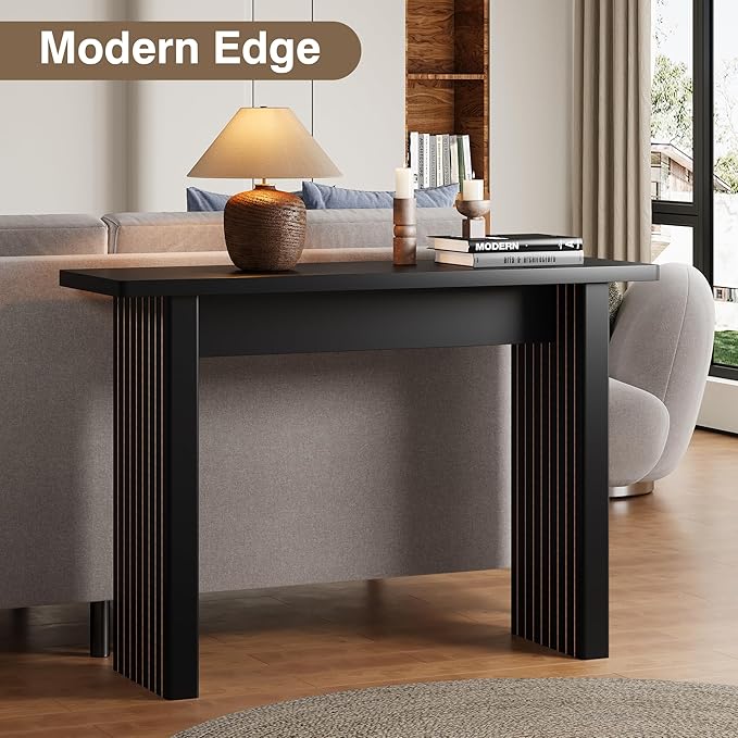 AVZEAR Mid Century Narrow Entryway Console Table, 43.3" Fluted Wood Couch Table Behind Sofa Long and Skinny for Living Room Hallway Entrance Foyer, Black