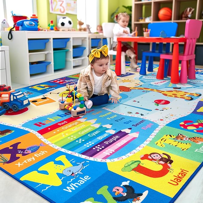 Kids Rugs for Playroom Washable, Educational and Fun Learning Rugs with ABC Alphabet Animals Shapes, Baby Toddler Children's Play Mat for Bedroom Classroom Nursery, 5x7 Feet, Blue