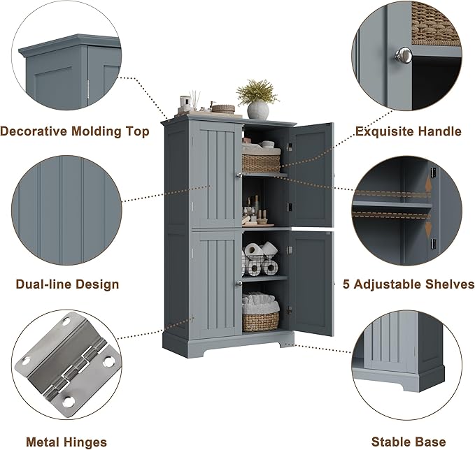 ChooChoo Bathroom Floor Cabinet, Modern Bathroom Storage Cabinet with 4 Doors and Adjustable Shelves, Freestanding Cupboard for Living Room, Grey
