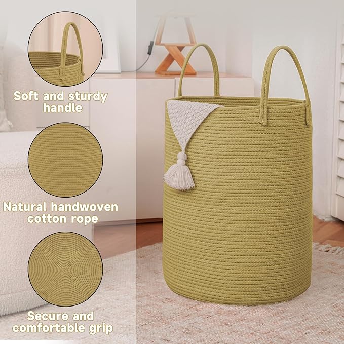Large Woven Laundry Basket Hamper,100L Cotton Rope Storage Bin for Blankets,Toys and Clothes,Decorative Tall Nursery Hamper for Living Room,Baby Nursery,Bathroom and Bedroom,Jute