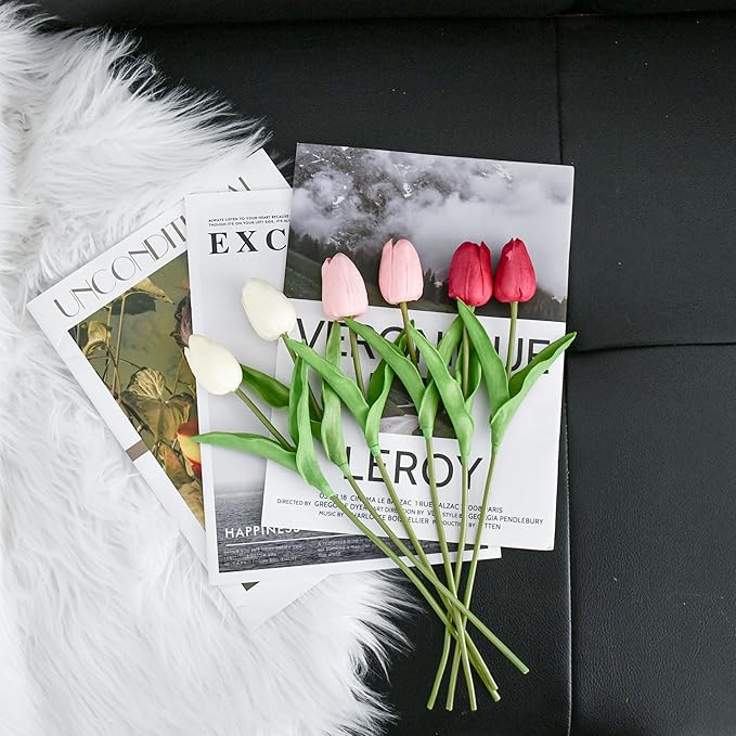 Mandy's Artificial Tulips 20 Stems Shades of Pink PU Faux Flowers for Wedding Home Decor 13.5 Inch