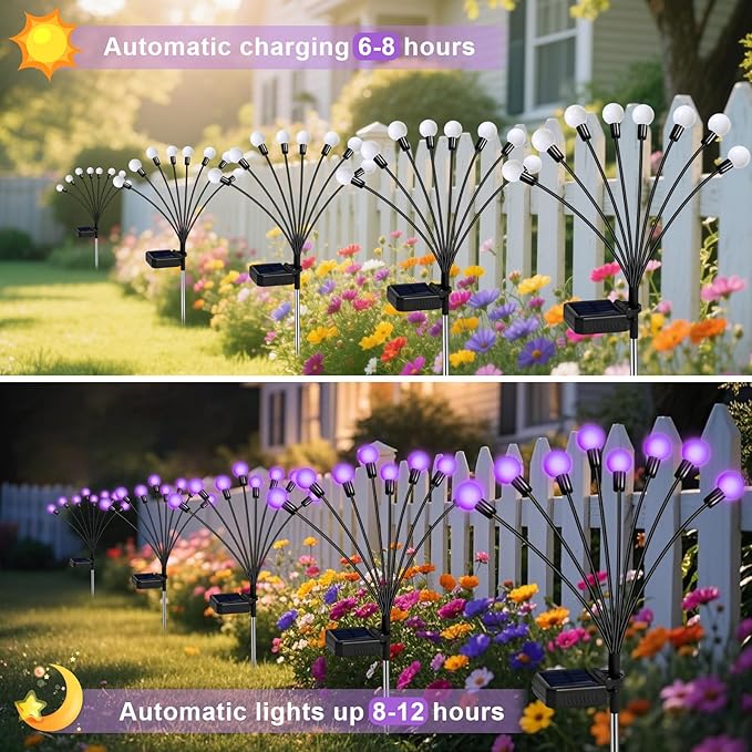 Solar Garden Lights – 16 LEDs Solar Firefly Lights, Purple Swaying Lights Outdoor Waterproof, 2 Pack 8 Heads Garden Decorative for Yard Patio Pathway Lawn Decorations