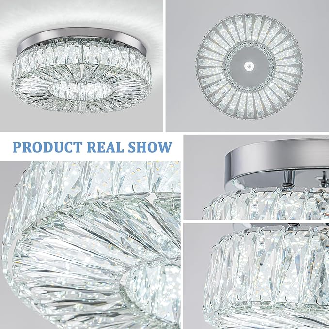 16.5" Crystal Chandelier LED Modern Flush Mount Ceiling Light Fixtures Round Ring Luxury Large Chandelier for Living Room Bedroom Dining Room Entrance (Cool white-16.5")