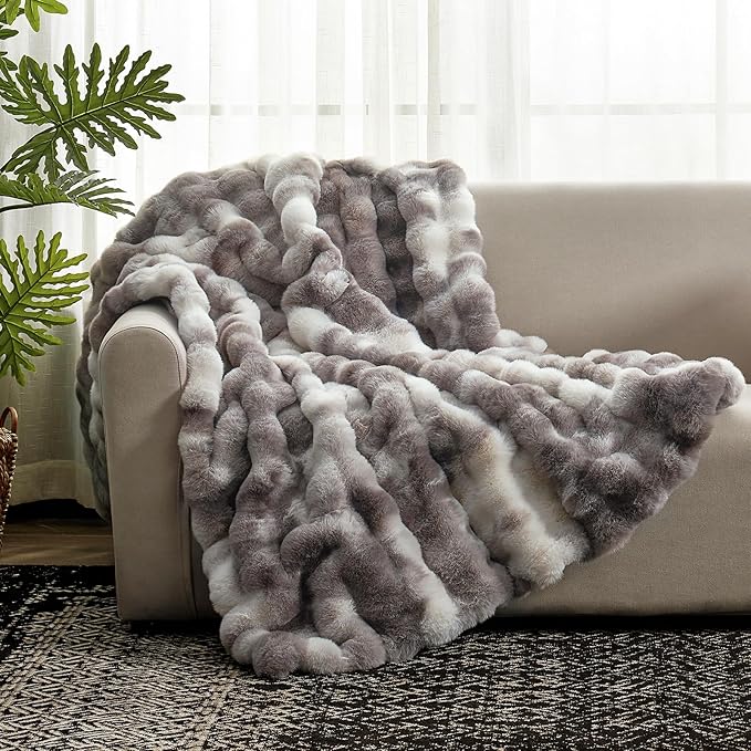 Cozy Bliss Faux Fur Throw Blanket for Couch, Fuzzy Soft Plush Thick Bubble Blanket for Sofa Bedroom Living Room, 60 * 80 Inches Tie-dye Taupe
