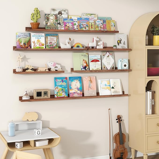 Fun Memories Picture Ledge Shelves Set of 2, 24 Inch Rustic Wall Mounted Floating Shelves with Lip for Home Storage and Décor in Bathroom, Kitchen, Nursery, Bedroom, Living Room, Walnut