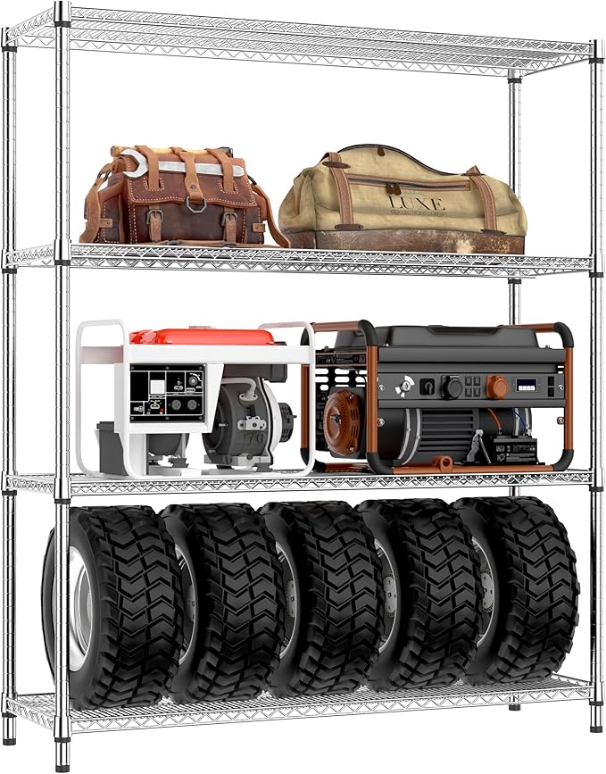 IZEUK 3400 LBS Garage Shelving Wide Storage Shelves 4 Tier Metal Shelves Heavy Duty Adjustable Utility Shelf Rack Chrome 17.7" D x 59.1" W x 70.4" H
