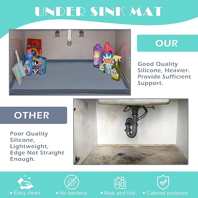 URMONA Waterproof Silicone Under Sink Mat 19'' x 19'' Shelf Liner for Kitchen and Bathroom, Cabinet and Counter Protector, Storage and Organizers, Litter Mat, Pet Cat Puppy Essentials(Light Grey)