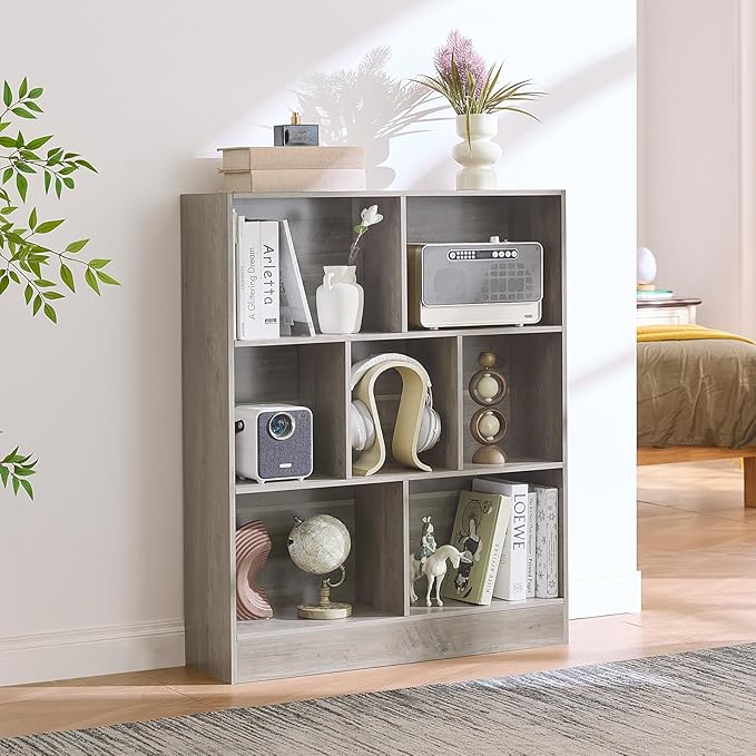 LEYAOYAO 7 Cube Bookshelf with Base,3 Tier Mid-Century Modern Grey Bookcase,Standing Wide Bookshelves Storage Organizer Shelf,Rustic Wood Display Cabinet Book Shelves for Bedroom,Living Room,Office