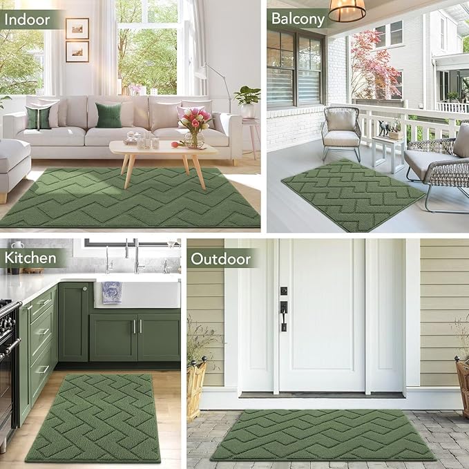 hicorfe Indoor Doormat,Front Back Door Mat TPR Backing Non Slip Mats 20"x31.5" Absorbent Resist Dirt Entrance Doormat Inside Floor for Entryway Washable Low-Profile(Green)