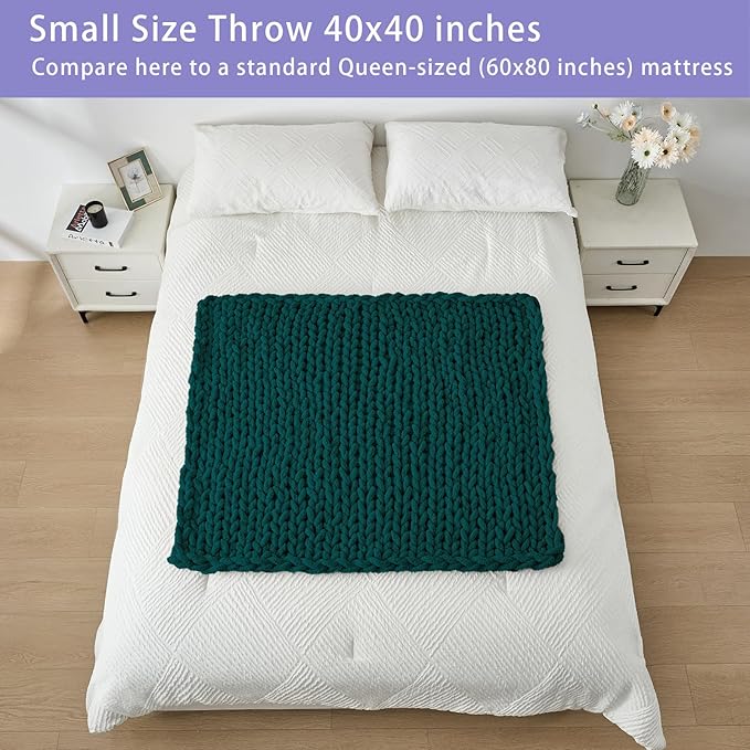Bigacogo Chunky Knit Throw Blanket for Couch, 40x40 inches, 100% Hand Knitted with Thick Jumbo Chenille Yarn, Cozy Soft Large Rope Knot Cable Crochet Blankets for Sofa Bed Living Room, Dark Green