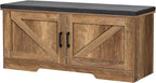 2-Tier Storage Bench, Shoe Bench with Padded Seat Cushion, Entryway Bench with 2 Barn Doors, Adjustable Shelf, 13.8" D x 39.4" W x 17.7" H, for Entryway, Living Room, Bedroom, Rustic Walnut