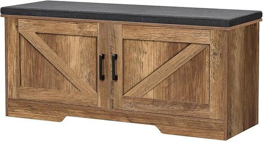 2-Tier Storage Bench, Shoe Bench with Padded Seat Cushion, Entryway Bench with 2 Barn Doors, Adjustable Shelf, 13.8" D x 39.4" W x 17.7" H, for Entryway, Living Room, Bedroom, Rustic Walnut