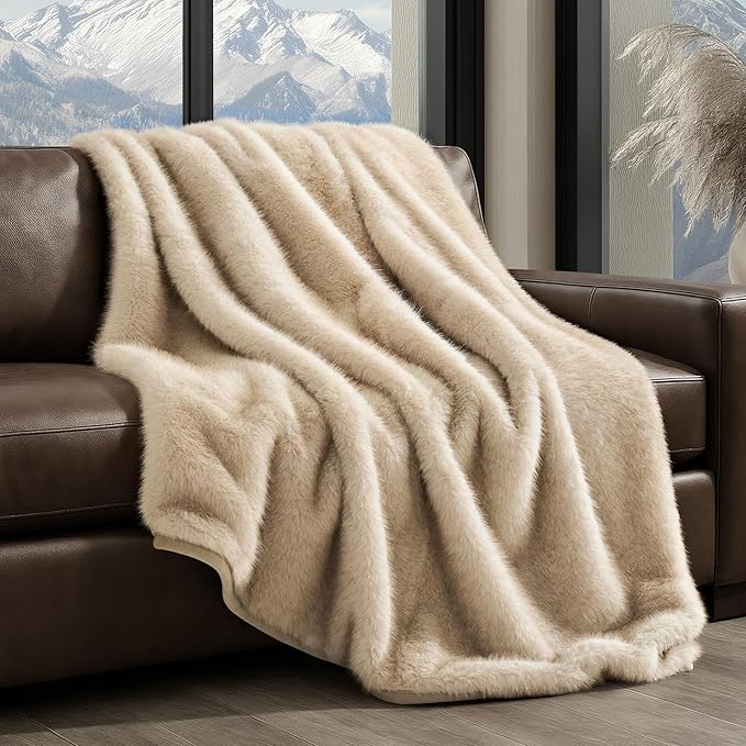 Luxury Faux Fur Throw Blanket, Soft Fluffy Faux Mink Blankets for Bed, Couch, Sofa, Thick Cozy Plush Warm Fur Throws with Reversible Velvet, Tipped Golden Fox, 50"x60"