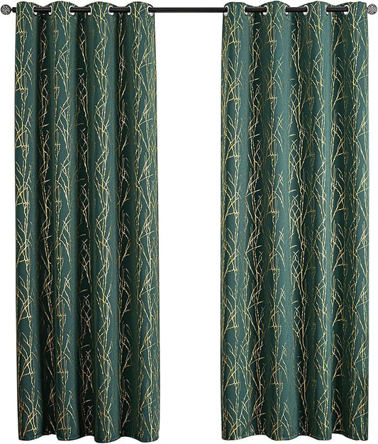 Grommets Blackout Long Window Curtains Green Gold-52W*84L 2PCS Drapes for Bedroom