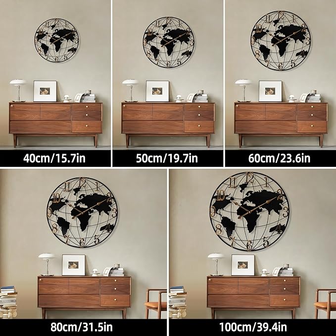 Large Round Metal World Map Clock - 16 Inch Minimalist Modern Silent Non-Ticking Battery Operated Wall Clock for Living Room, Kitchen, Office, Farmhouse Home Decor