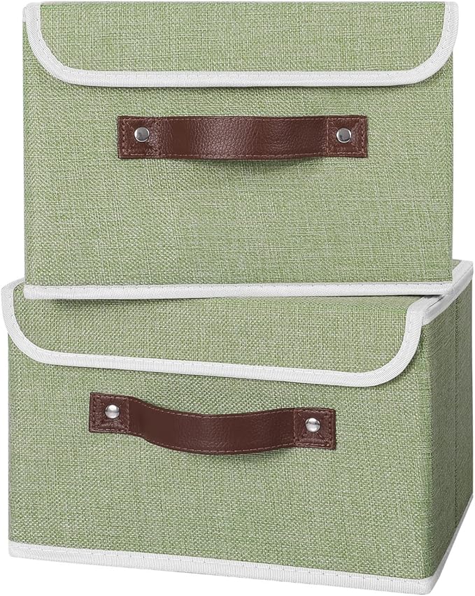 ANMINY 4PCS Storage Bins with Lid PU Leather Handles Storage Boxes PP Plastic Board Decorative Foldable Lidded Cotton Linen Fabric Home Cubes Baskets Closet Organizer Containers - Green, Small Size