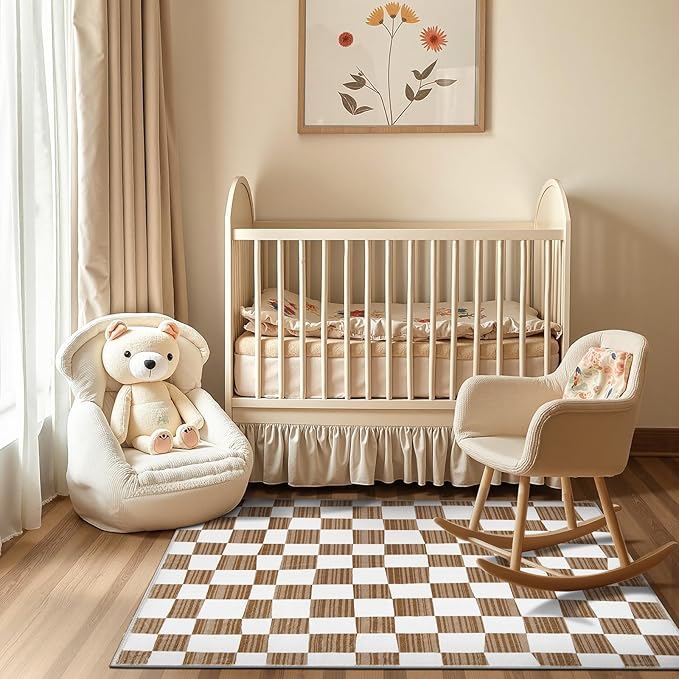 jinchan 3x5 Brown Checkered Area Rugs for Kids Room - Machine Washable Rug Modern Neutral Geometric Lattice Soft Non-Slip Carpet for Nursery Playroom Bedroom Entryway Living Room Home Office