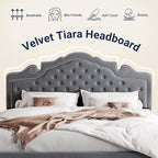 Allewie King Size Bed Frame with Adjustable Velvet Tiara Headboard, Upholstered Diamond Button Tufted Platform Bed, Wood Slats Support, No Box Spring Needed, Light Grey